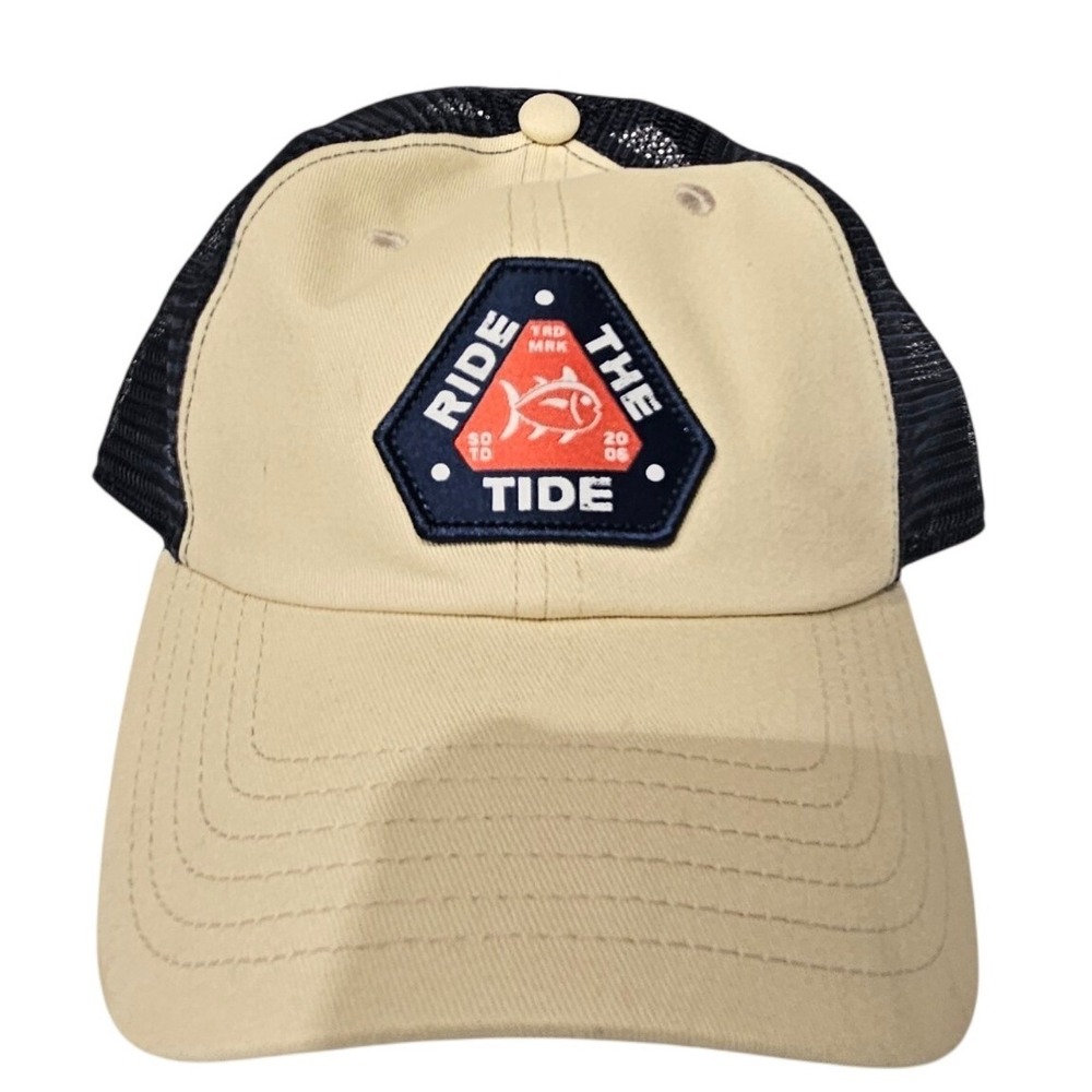 Southern‎ Tide Trucker Hat OS Tan Navy Blue Ride The Tide Patch Snapback Cap